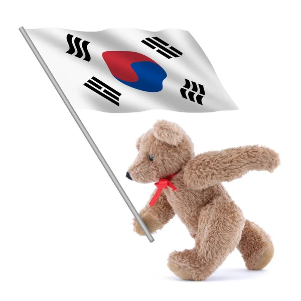 귀여운 곰 인형이 들고 다니는 한국 국기 — 스톡 사진