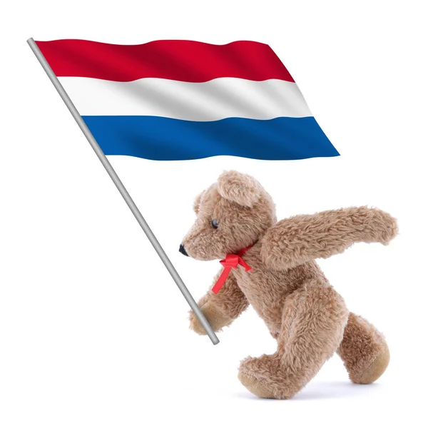 Netherlands Holland flag being carried by a cute teddy bear — Stok fotoğraf