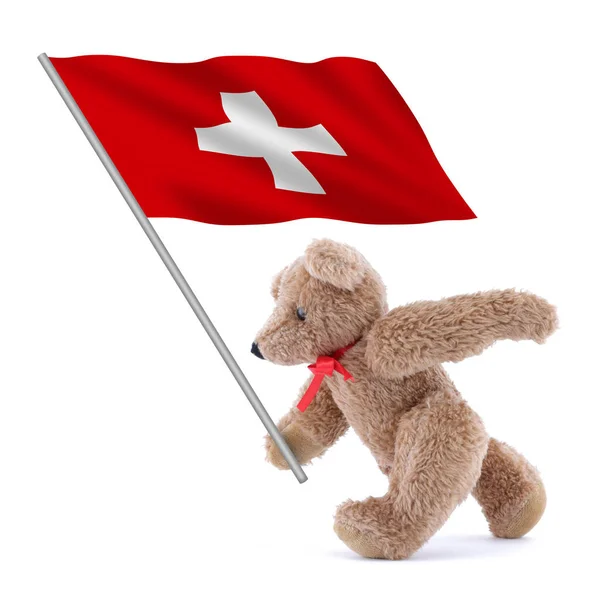 Schweizer Flagge wird von einem niedlichen Teddybär getragen — Stockfoto