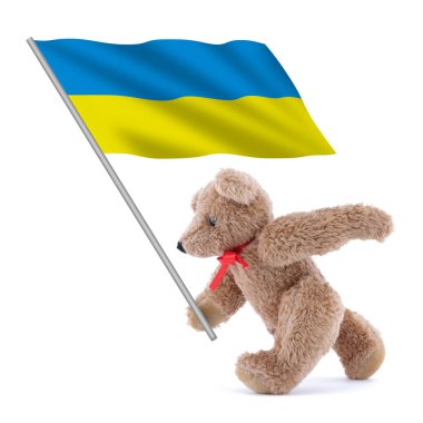 Ukrayna bayrağı sevimli bir oyuncak ayı tarafından taşınıyor.