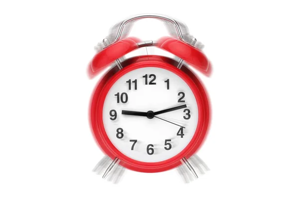 Ringer väckarklocka. röd retro väckarklocka på vitt med ringande effekt — Stockfoto