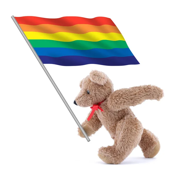 かわいいテディベアが運んでいるゲイのプライド虹の旗 — ストック写真