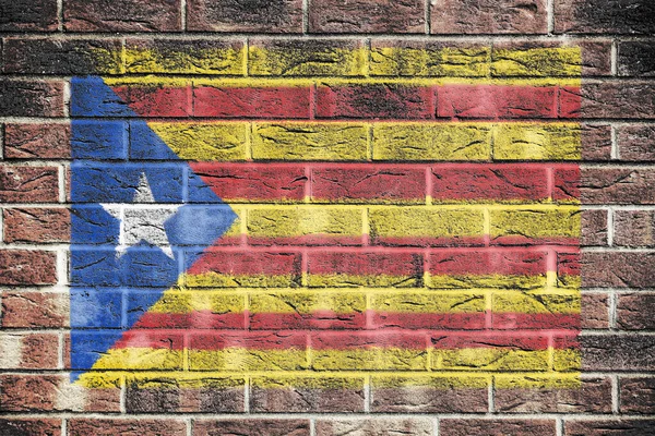 Catalonia Independence Flag Brick Wall Background Red Yellow Blue White — Zdjęcie stockowe