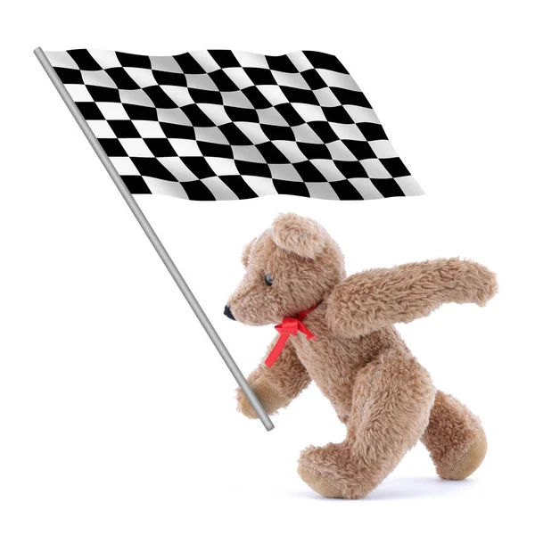 Chequered Flag Being Carried Cute Teddy Bear — Zdjęcie stockowe