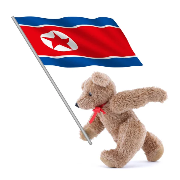 North Korea Flag Being Carried Cute Teddy Bear — Foto Stock
