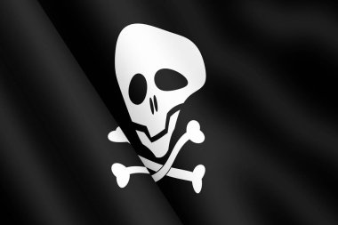 Bir Jolly Roger kafatası ve çapraz kemikler korsan bayrağı sallıyor 3D illüstrasyon rüzgarı dalgalanması