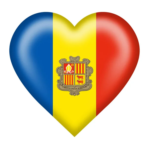 Egy Andorra Zászló Szív Gomb Elszigetelt Fehér Nyírás Útvonal — Stock Fotó