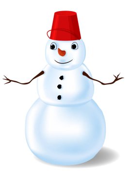 Kafasında kırmızı kova olan bir kardan adam.