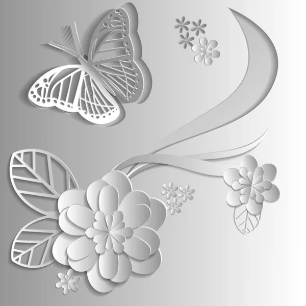 Bílý Papír Řezanými Květinami Motýly — Stockový vektor