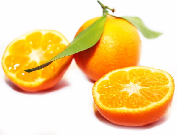 Orange mandarins with green leaf isolated on white background — Stock Photo, Image