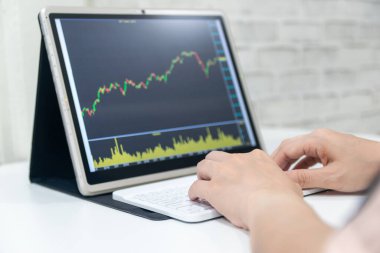 Bir işletme bilgisayardaki satış artışının finansal grafiğini inceler