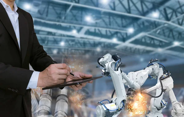 Menselijke Controle Robotarm Industrie Onderdelen Fabrieken — Stockfoto