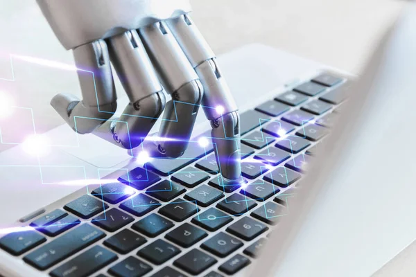 Innovation Technology Robot Hands Fingers Point Laptop Button Advisor Chatbot 图库照片