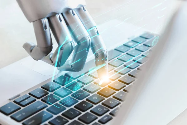 机器人手和手指指向笔记本电脑按钮顾问聊天机器人机器人人工智能概念 图库图片