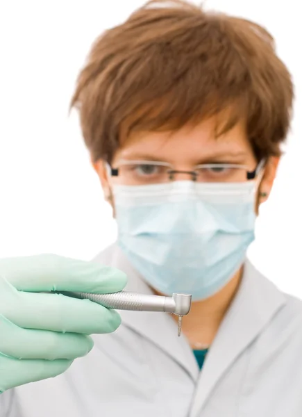 Der süße Doktor untersucht den Bohrer — Stockfoto