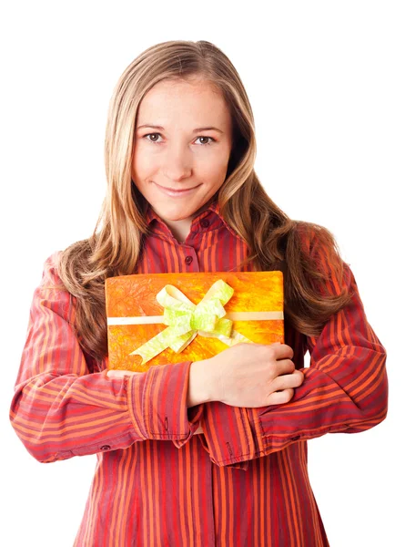 Sweet young girl with christmas presents — Stockfoto