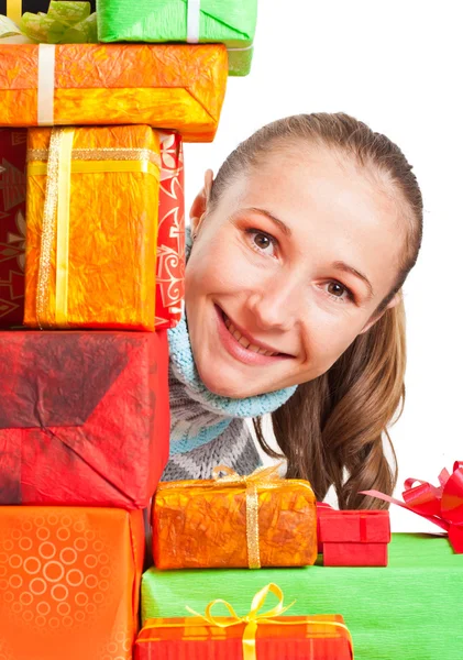 Sweet young girl with christmas present — Stock Photo, Image