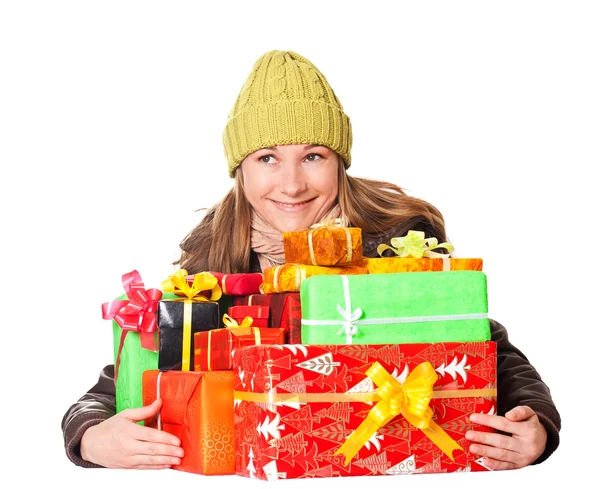 Sweet young girl with christmas present — Stock Photo, Image