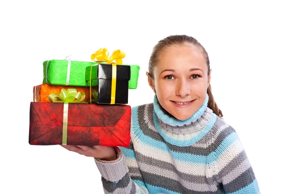 Sweet young girl with christmas present — Stock Photo, Image