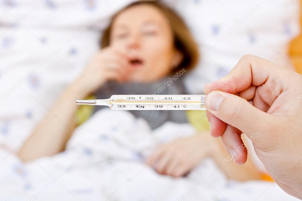 Sick woman have temperature