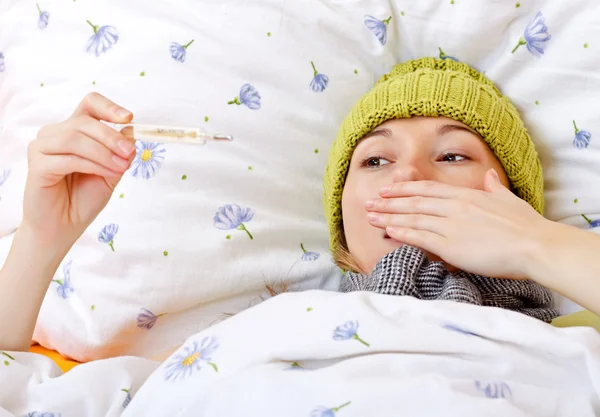 Sick woman have temperature — Stock Photo, Image