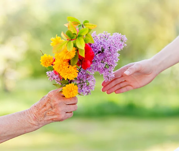 Bouquet flowers in hands — Stock Photo, Image