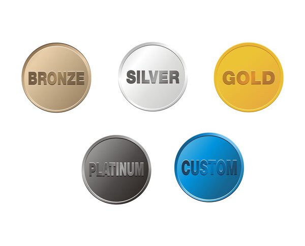 Bronze, silver, gold, platinum, custom coins