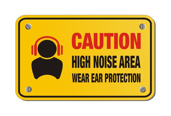 Предупреждение высокий уровень шума, защита ушей - желтый знак
