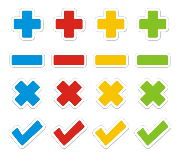 Plus, minus, check, cross sticker sets — Stock Vector