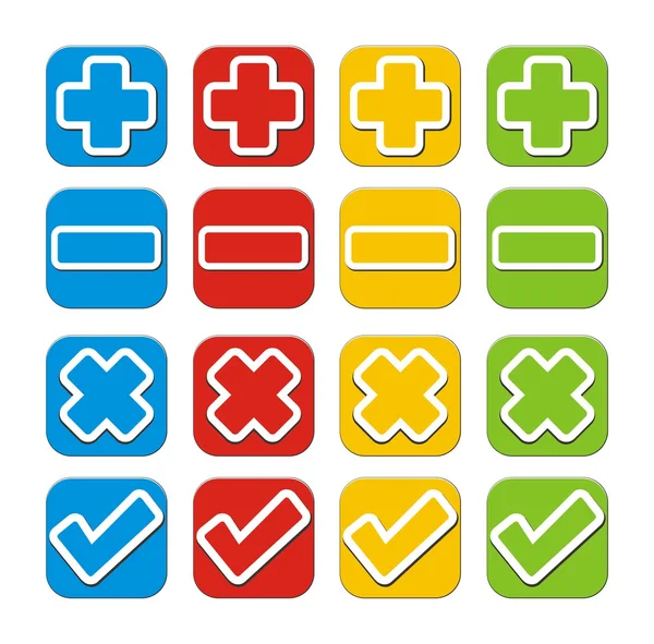 Plus, minus, check, cross buttons — Stock Vector