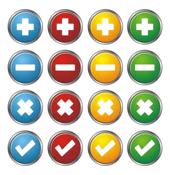 Plus, minus, check, cross circle buttons — Stock Vector