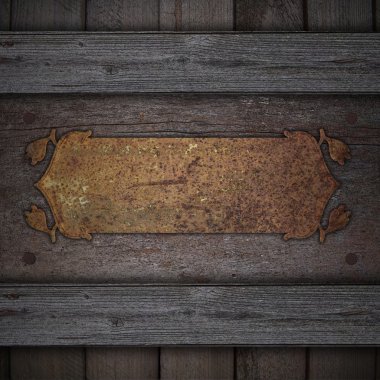 bir paslı adı metal plaka ile dekorasyon ahşap arka plan.