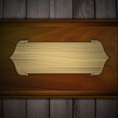 Wooden background with a gold nameplate label. Design template clipart