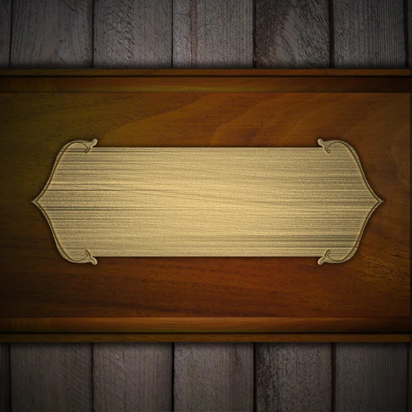 Fondo de madera con una etiqueta de placa de oro. Plantilla diseño —  Fotos de Stock