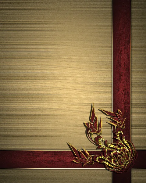 ゴールドの背景に赤いリボン、花柄. — ストック写真