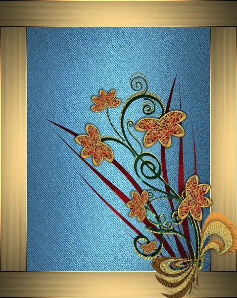 Blue background with gold frame and abstract plant pattern. — Stock Photo, Image