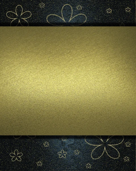 Fundo azul com flores de ouro mordiscado e placa de identificação de ouro — Fotografia de Stock