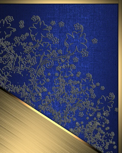 Синій фон з абстрактним рослинним візерунком і золотою назвою пластини — стокове фото