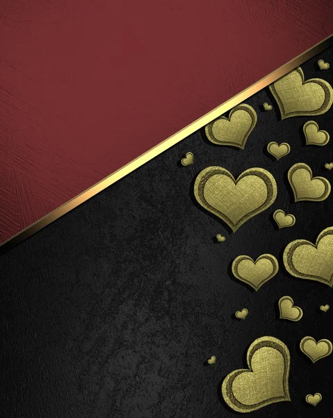 Golden hearts on a black background, with a red nameplate — Stock Photo, Image