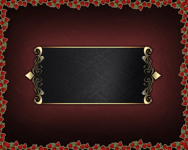 Rode textuur met rozen rond de randen en zwarte naamplaatje — Stockfoto