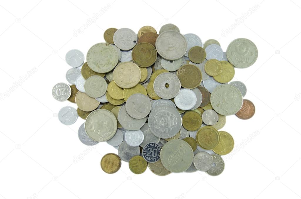 Many different coins collection on white background