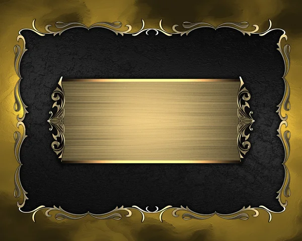 Black texture with golden frame with pattern and golden plate — Stock Photo, Image