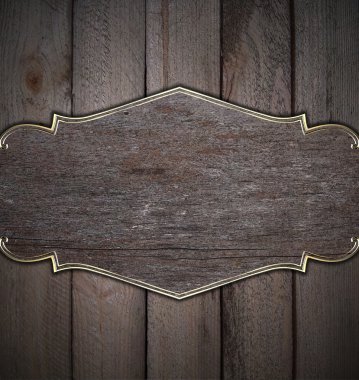ahşap arka plan ile ahşap isim levhası ile altın trim