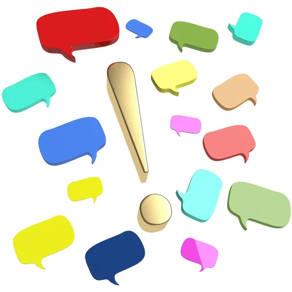 Colorful speech bubbles and dialog balloons with large golden exclamation mark — Stock Photo, Image