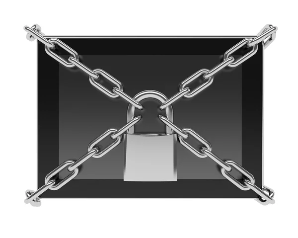 Gegevens bescherming concept: tablet pc met kettingen en lock geïsoleerd op witte achtergrond 3d render — Stockfoto