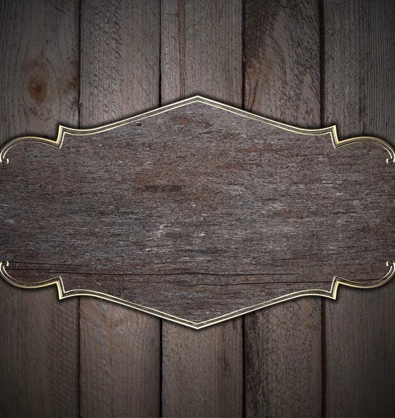 Fondo de madera con placa de nombre de madera con adorno de oro —  Fotos de Stock