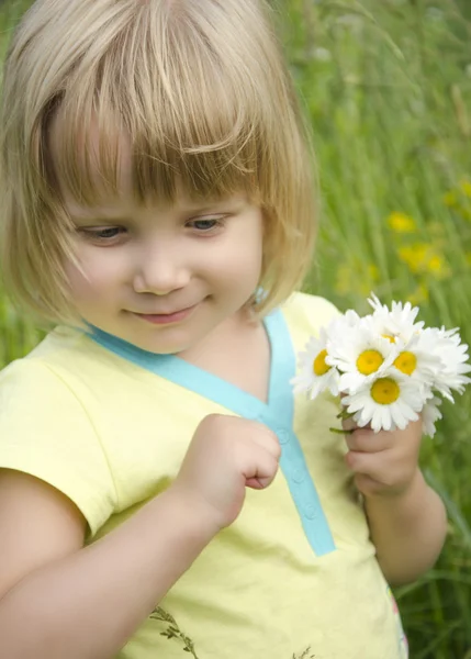 Little girl with a bouquet of daisies on a green meadow — Stock Photo, Image