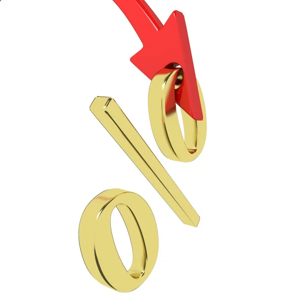 Shiny golden percentage symbol with an arrow down — Stock Photo, Image