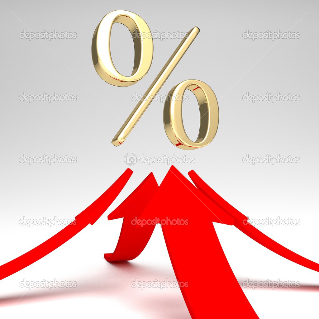 Shiny red percent symbol with growing up arrow