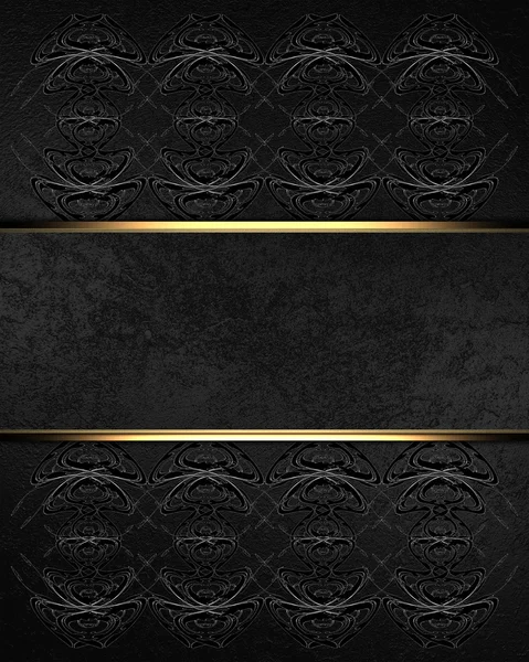 Black background with white patterns on the edges and black ribbon. Template for text and design — Stock Photo, Image